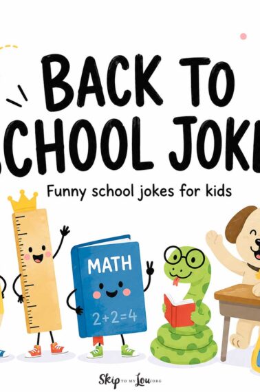 Back to School Jokes title with cute school characters including a pencil, ruler, math book, snake, and dog at a desk