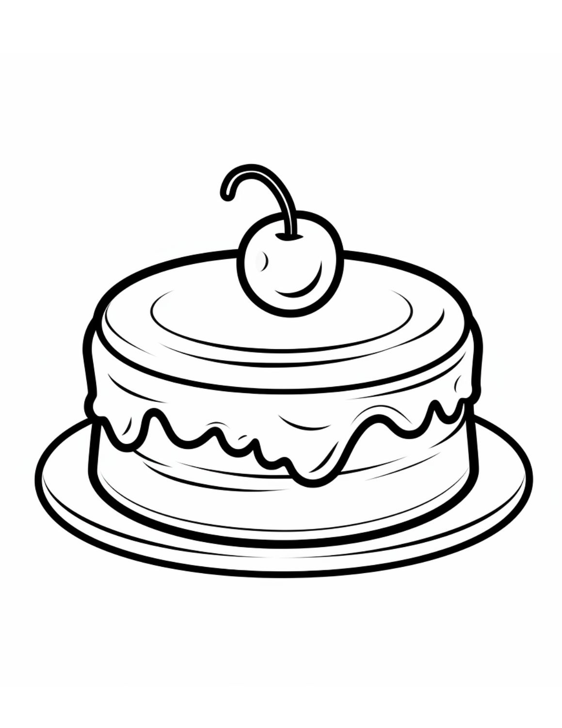 Cake Coloring Page 1 - Little cake with frosting and single cherry on top