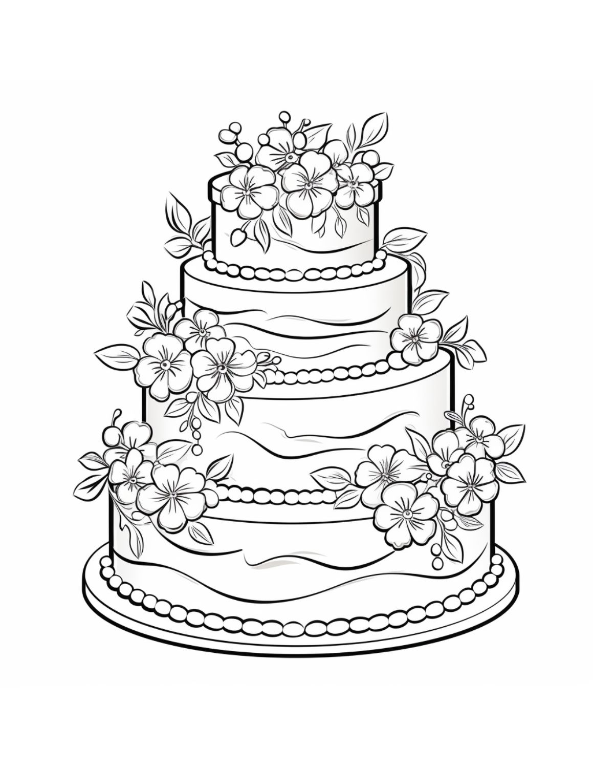 Cake Coloring Page 11 - Large four-tier wedding cake with lots of flowers for decoration