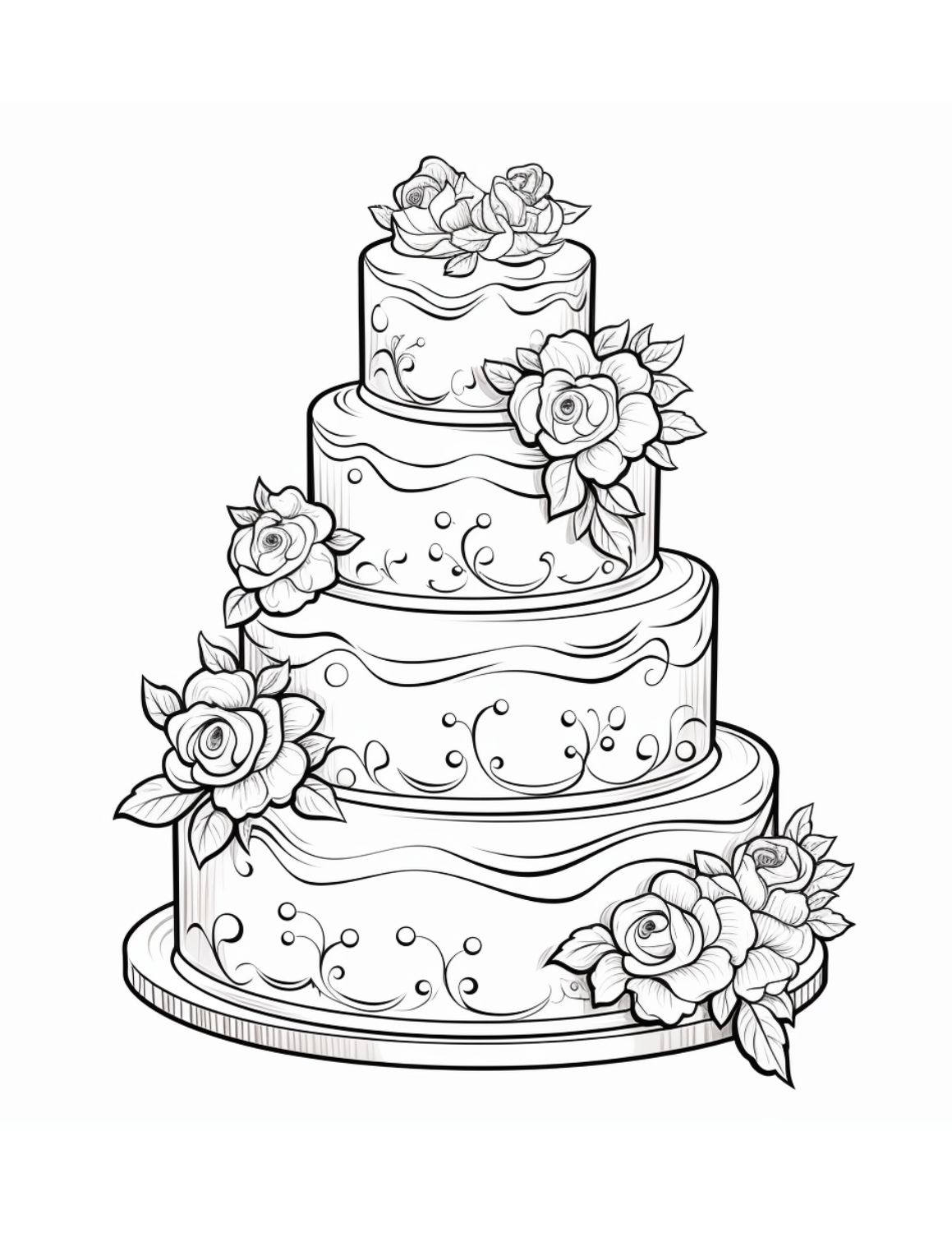Cake Coloring Page 12 - Large wedding cake with four tiers and lots of flowers for decoration