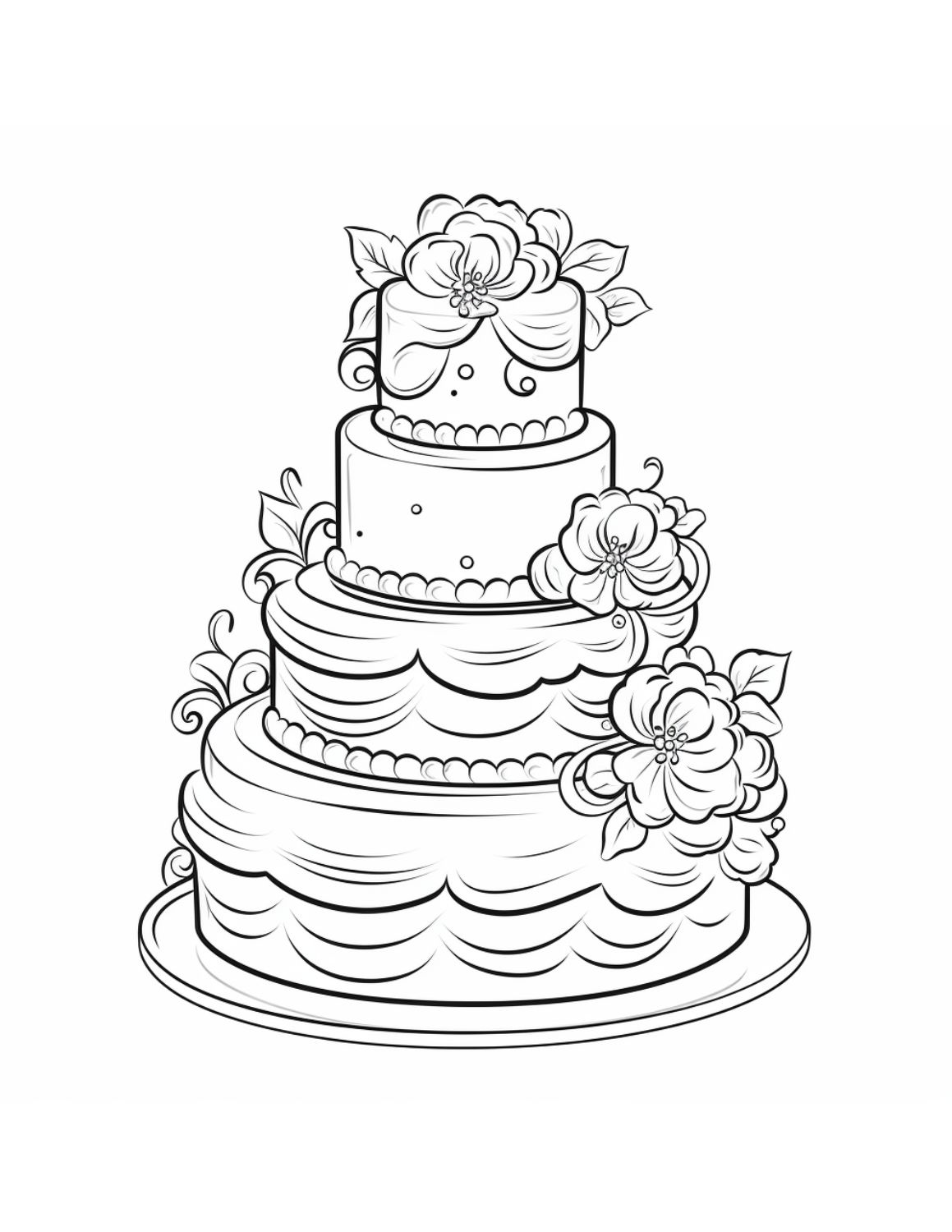 Cake Coloring Page 13 - Wedding cake with flowery decoration and four different tiers