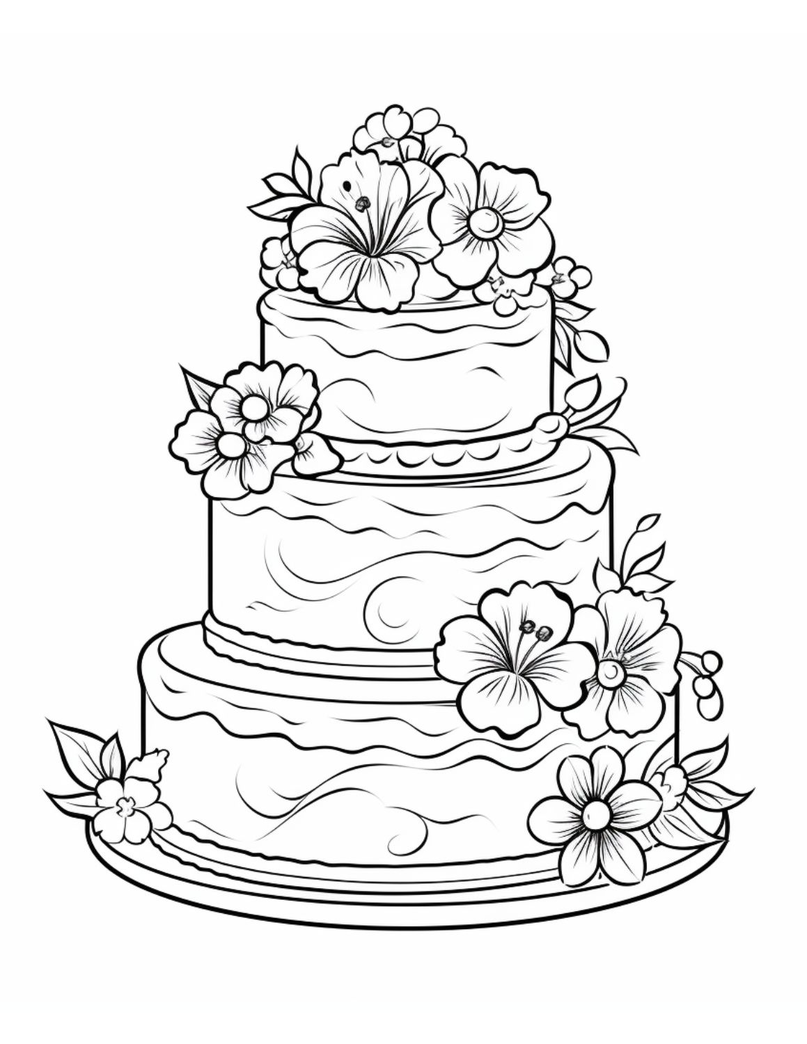 Cake Coloring Page 14 - Three-tier cake with frosting and flowers for decoration