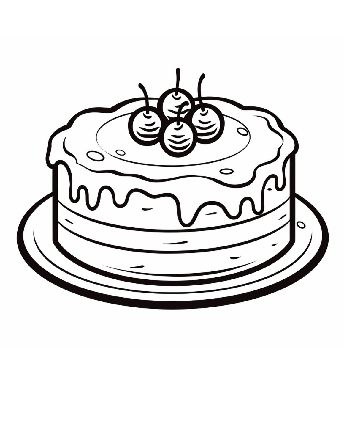 Cake Coloring Page 2 - Cake with frosting and four cherries on top
