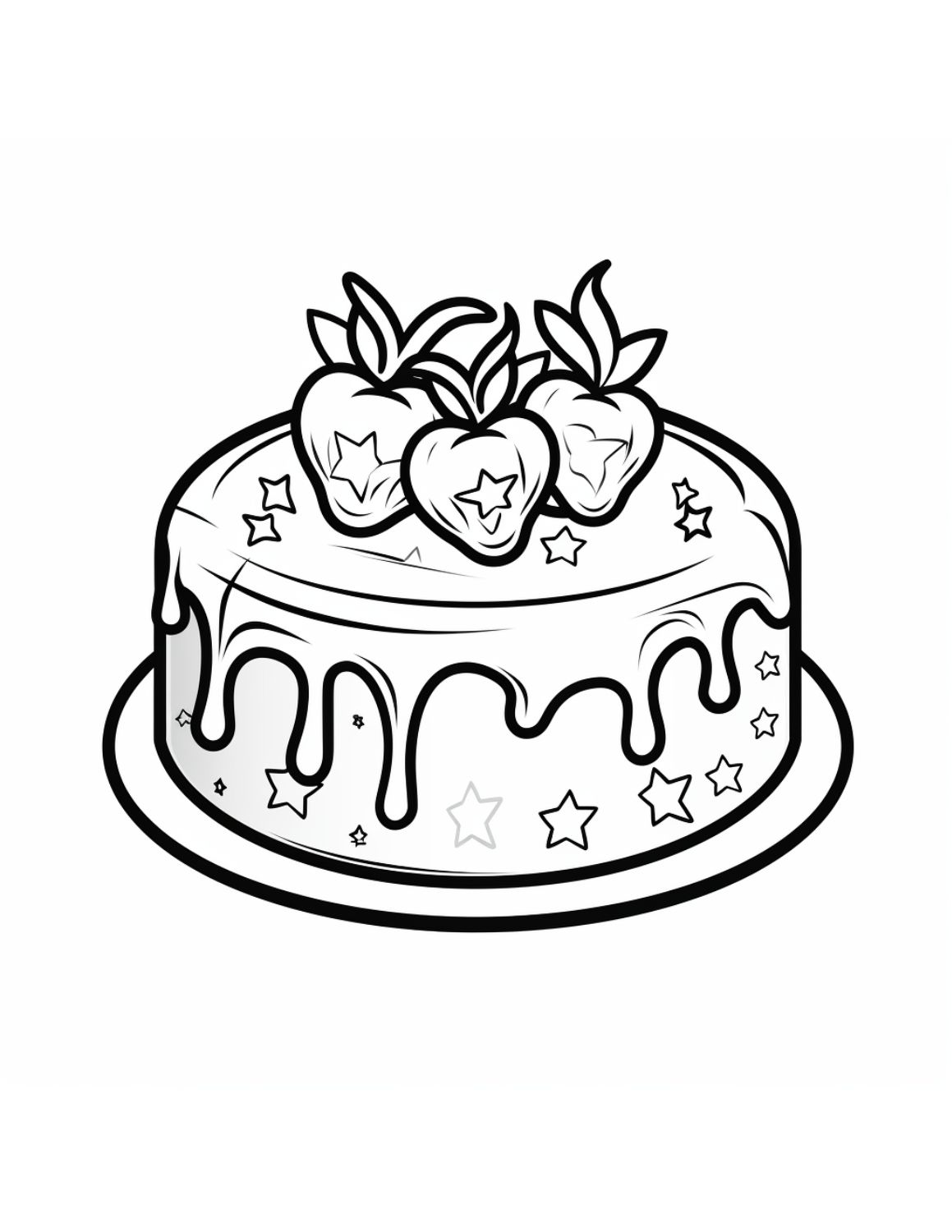Cake Coloring Page 5 - Fruit cake with icing and three strawberries on top