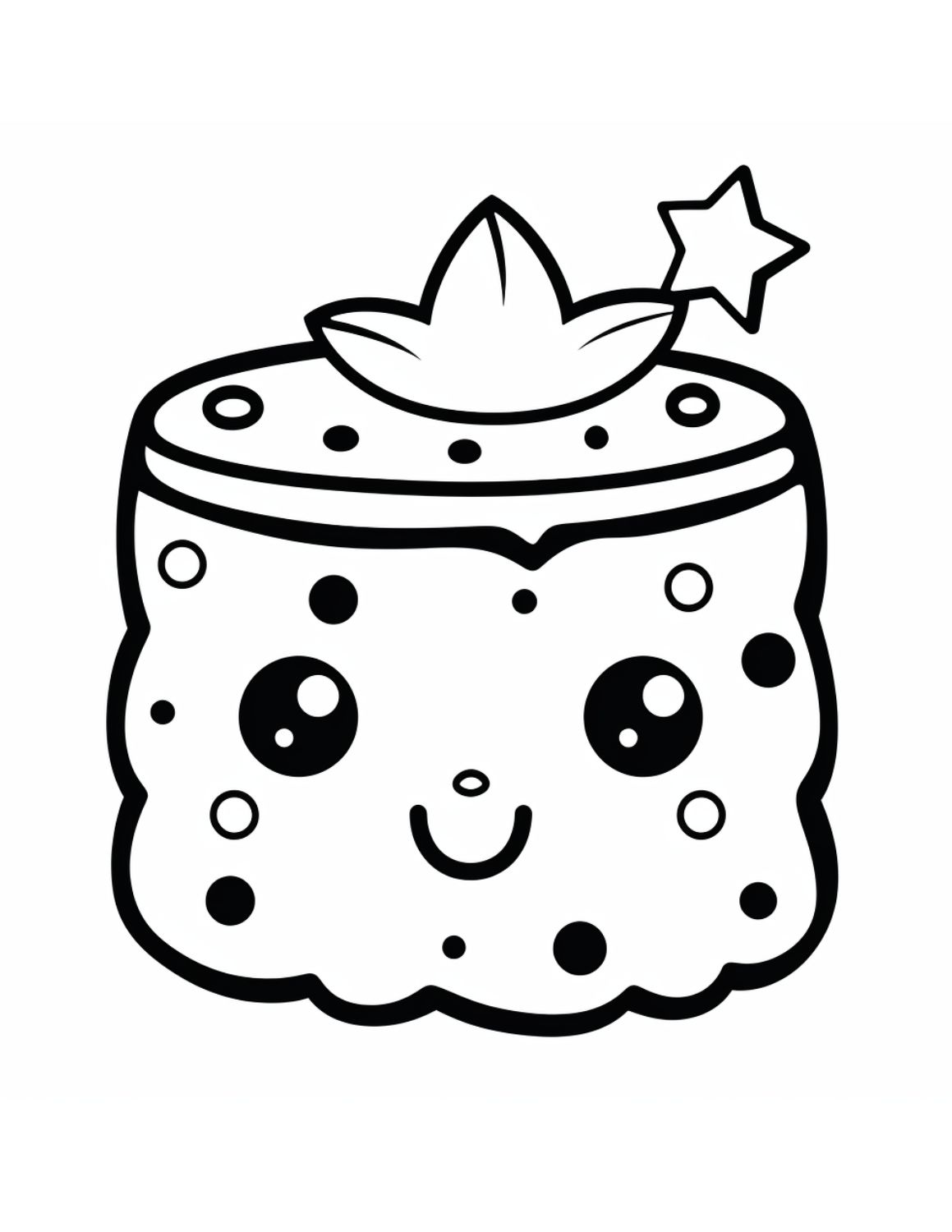 Cake Coloring Page 6 - Small cute cake with smiley face and decoration on top