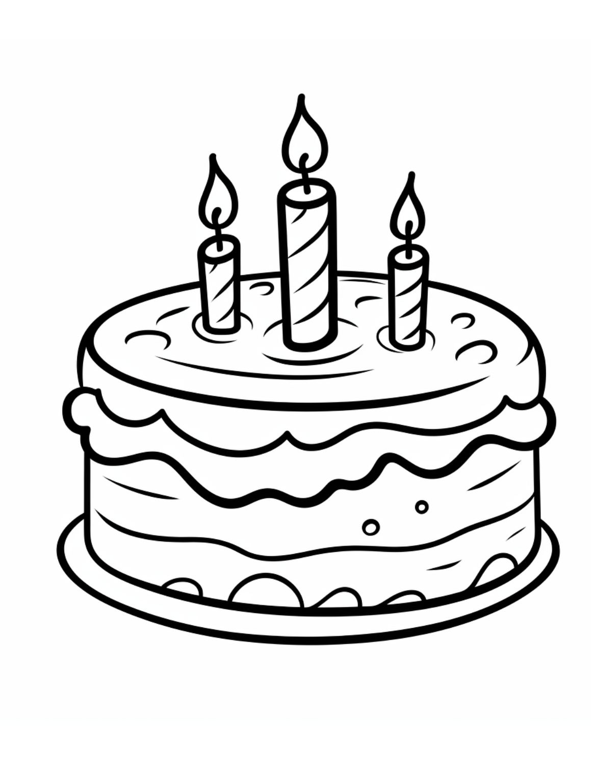 Cake Coloring Page 7 - Birthday cake with lots of frosting and three candles on top