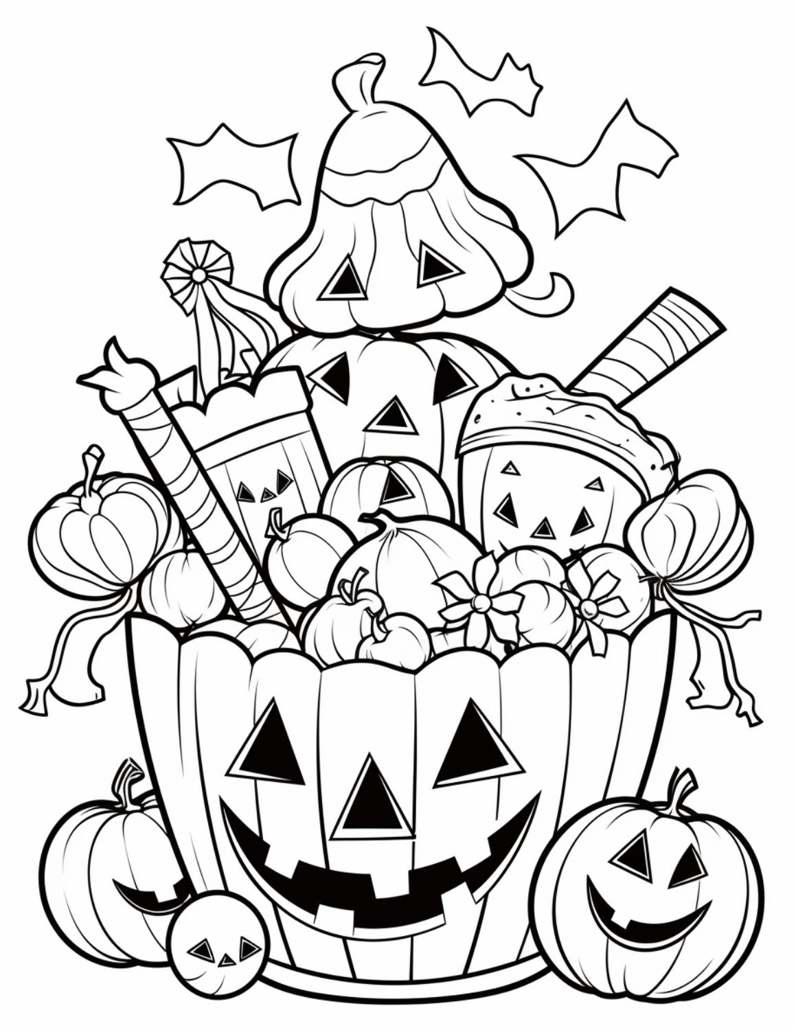 Candy Coloring Page 3 - Line drawing of a Halloween-themed candy bucket