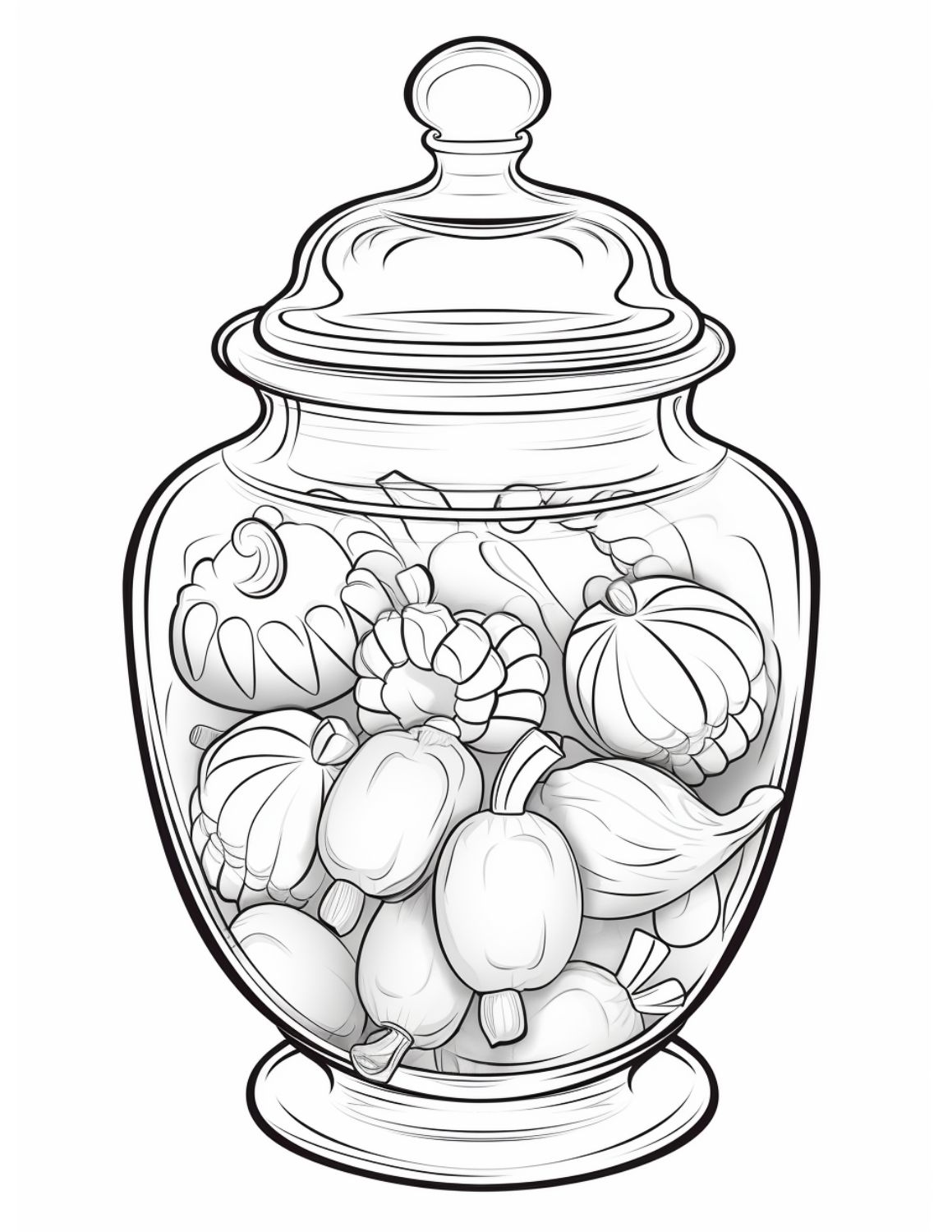 Candy Coloring Page 4 - Line drawing of a glass jar with candy inside