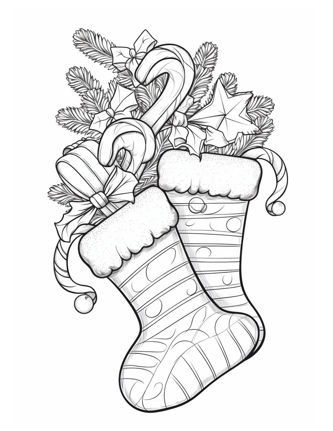 Candy Coloring Page 11 - Line drawing of Christmass stockings full of candy