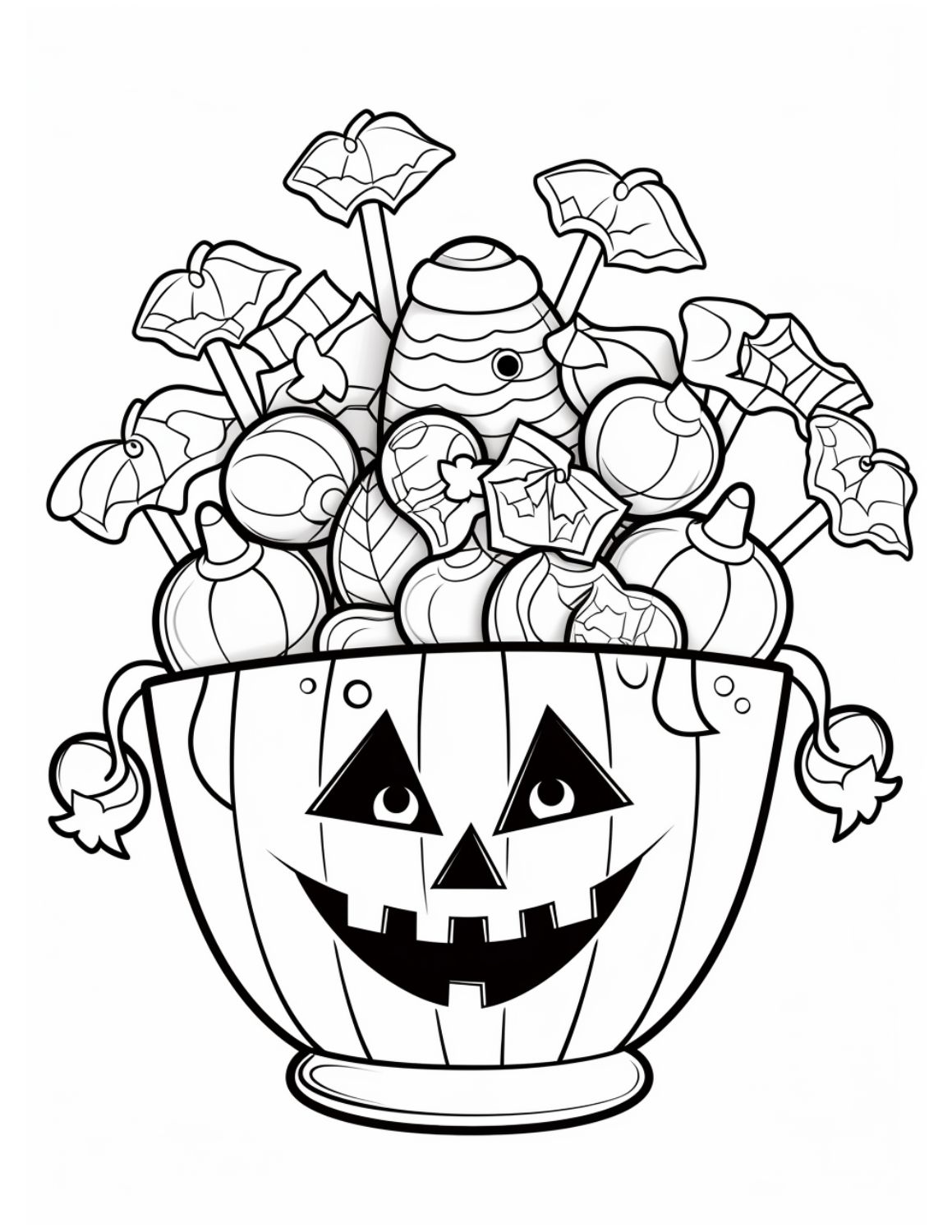 Candy Coloring Page 5 - Line drawing of a basket of Halloween candy