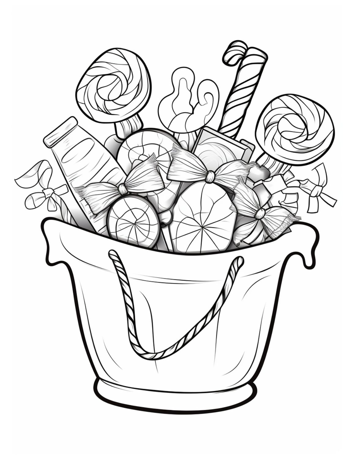 Candy Coloring Page 6 - Line drawing of a basket of candy