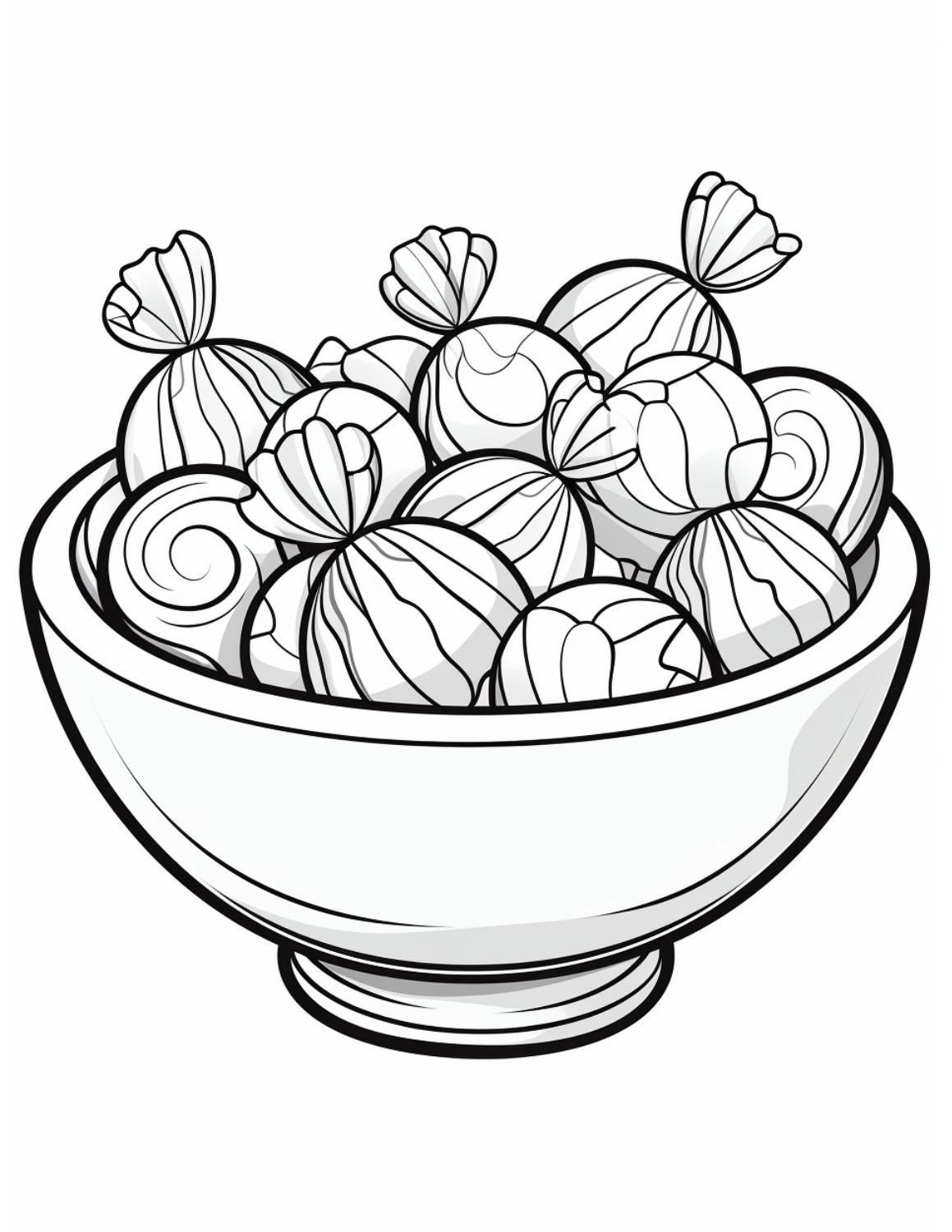 Candy Coloring Page 9 - Line drawing of a bowl of hard candy