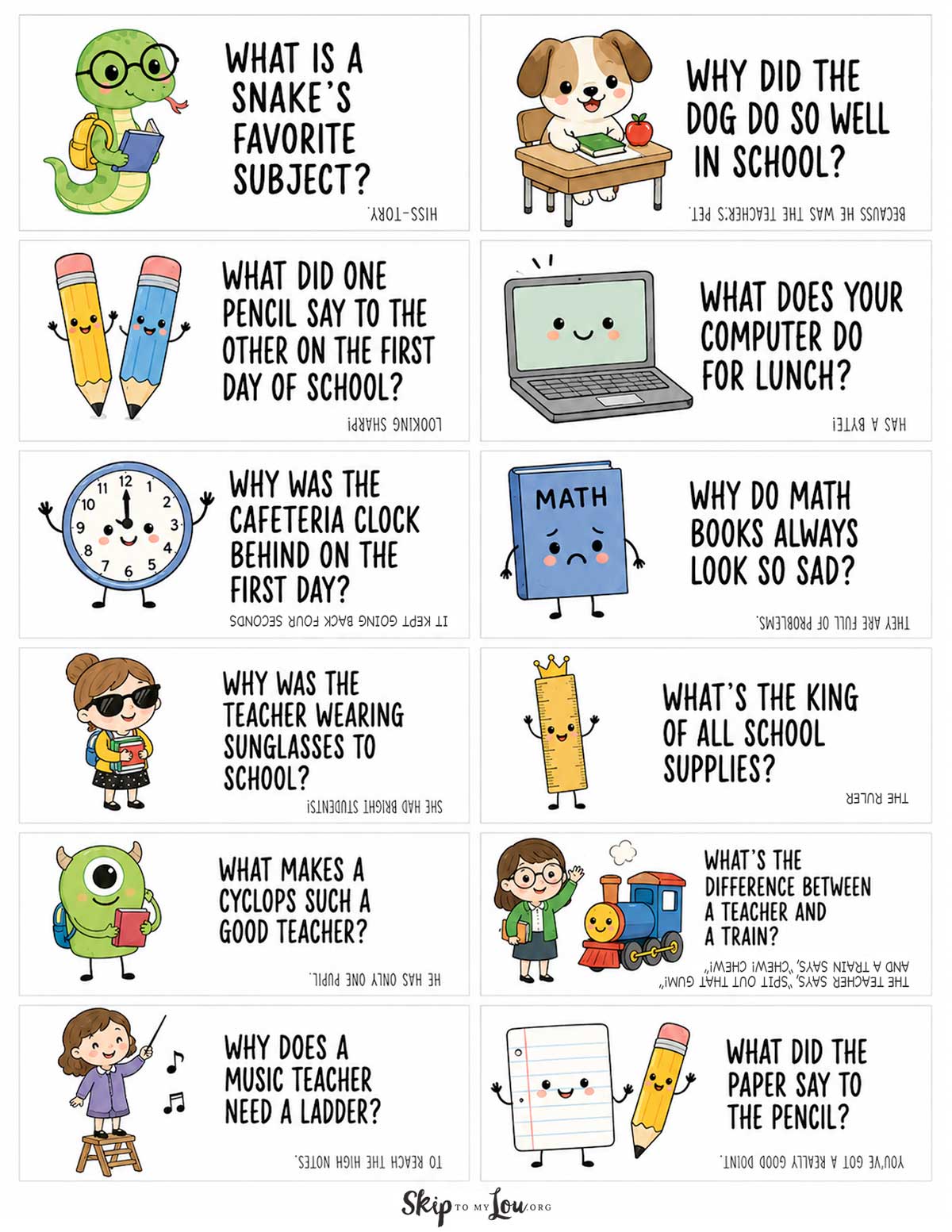Printable back to school joke cards for kids with cute school illustrations and funny school jokes