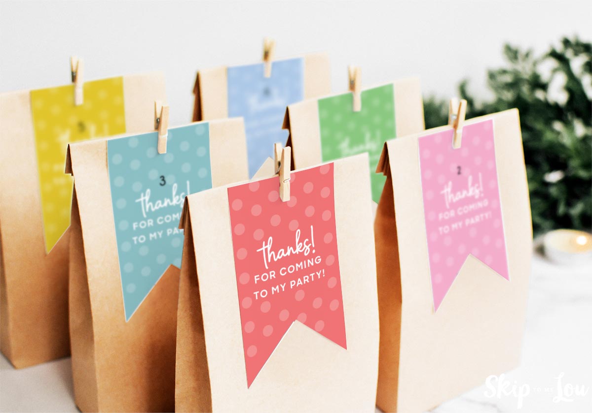 Image shows several party favor with party favor tags in different colors