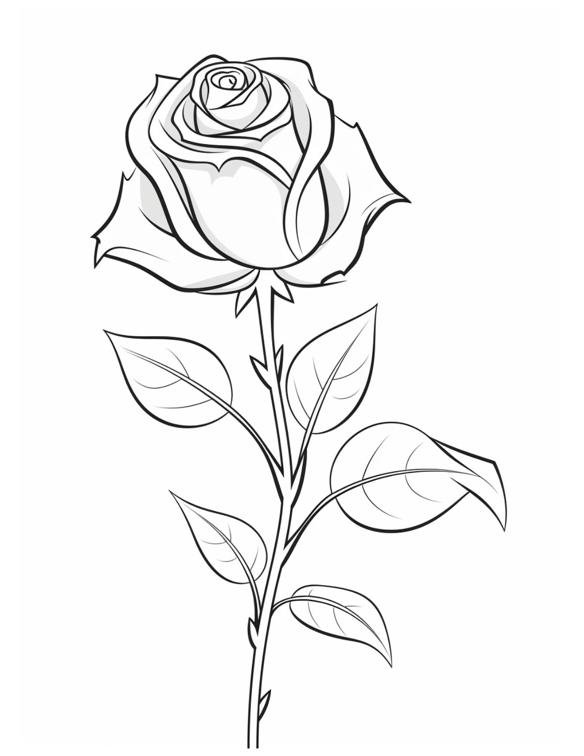 Rose Coloring Page 1 - Line drawing of a rose with stalk and leaves