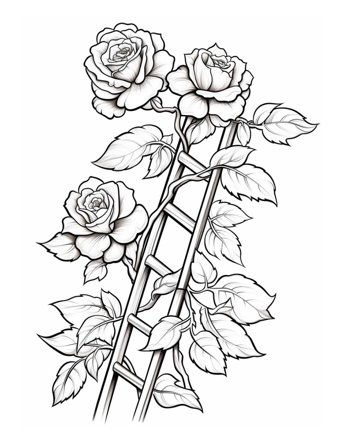Rose Coloring Page 11 - Line drawing of many large roses growing around a ladder