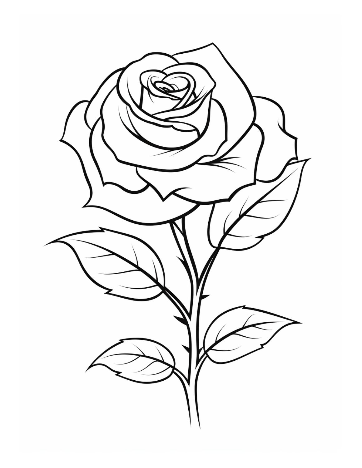 Rose Coloring Page 12 - Line drawing of a single rose with stalk and leaves