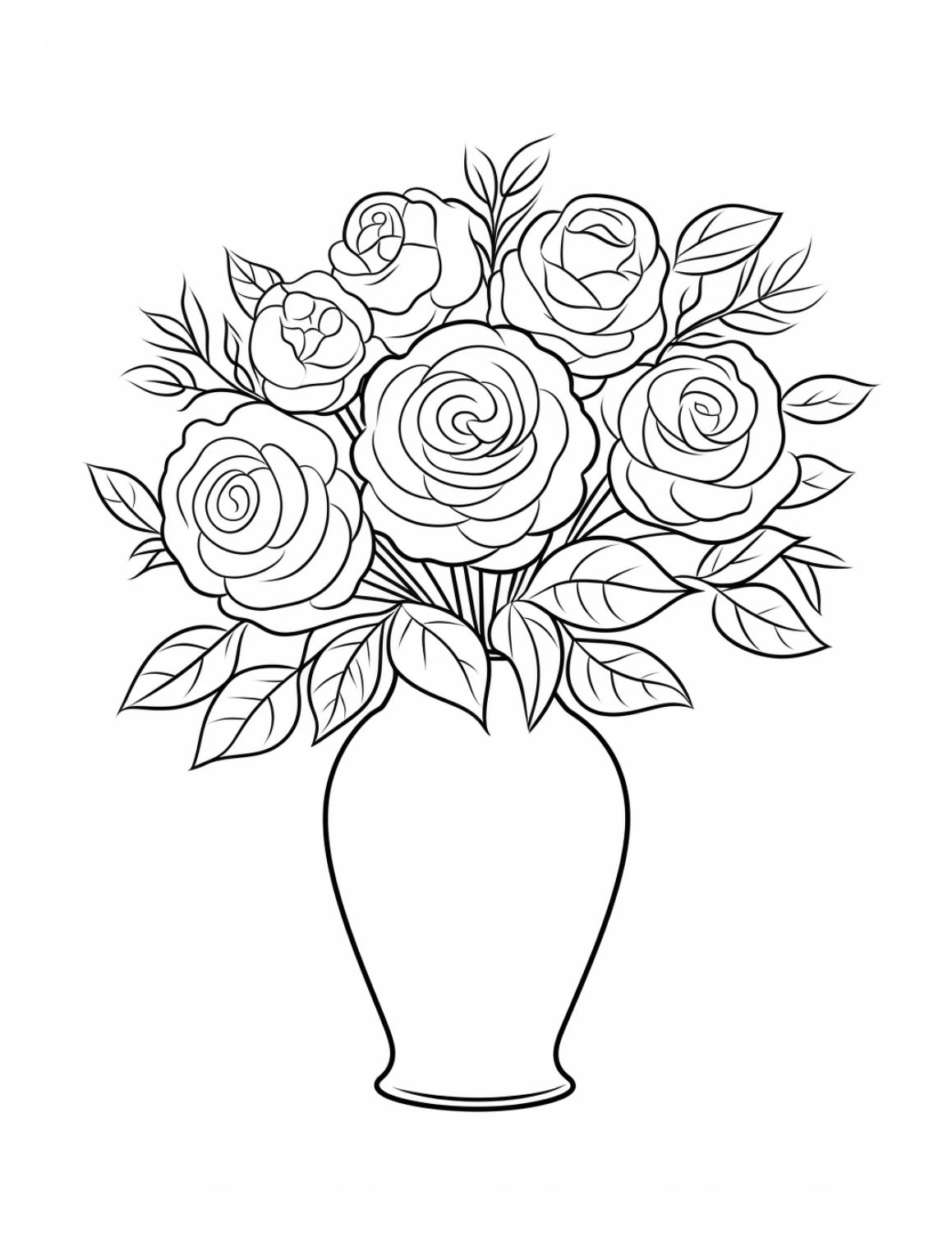 Rose Coloring Page 13 - Line drawing of a large bouquet of roses in a vase with lots of flowers and leaves