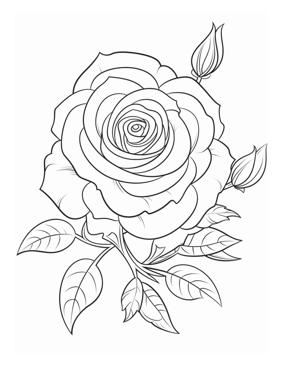 Rose Coloring Page 14 - Line drawing of a rose plant with a large flower, stalks and leaves in the background