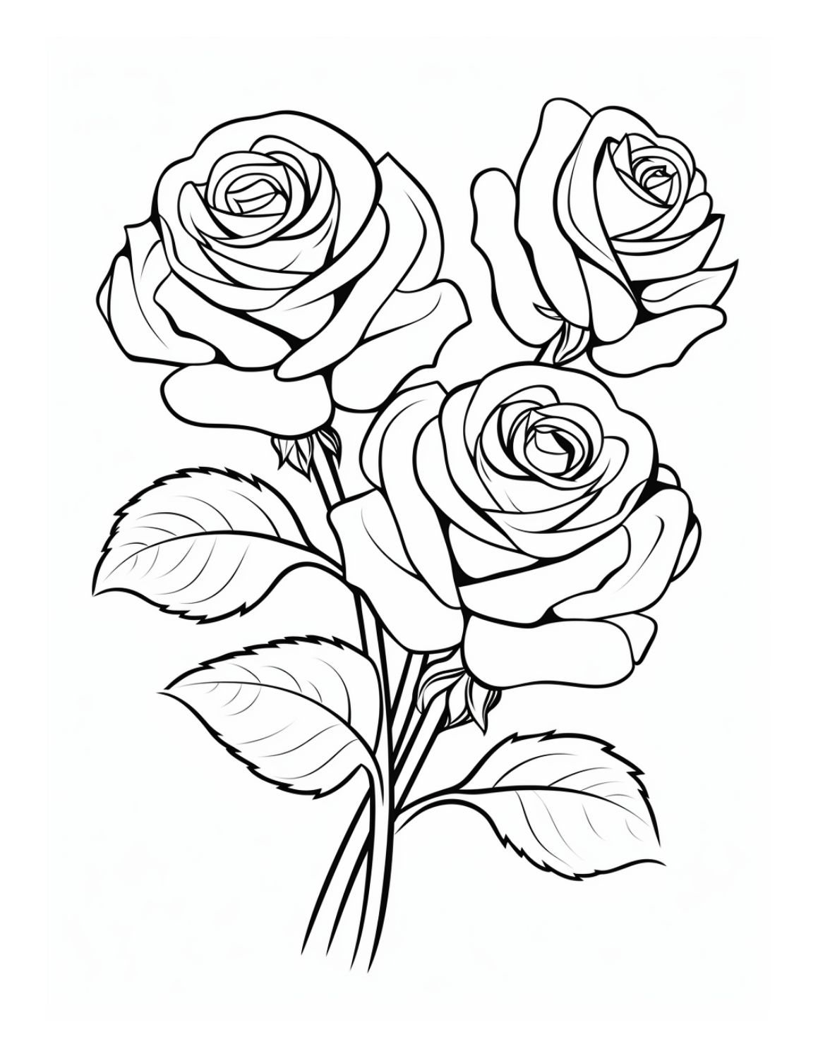 Rose Coloring Page 15 - Line drawing of three rose flowers with stalks and leaves