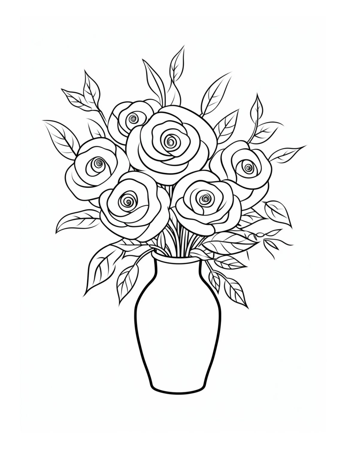 Rose Coloring Page 17 - Line drawing of a large bouquet of roses in a tall vase with lots of leaves