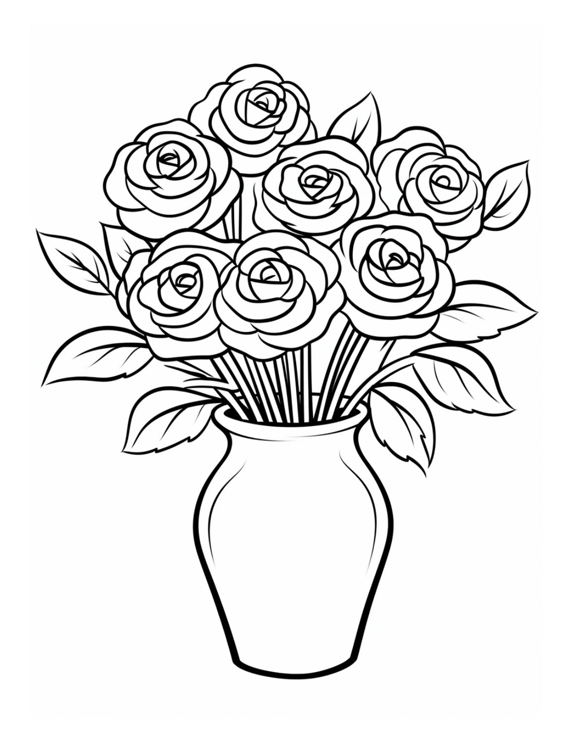 Rose Coloring Page 18 - Line drawing of a large bouquet of roses in a tall vase