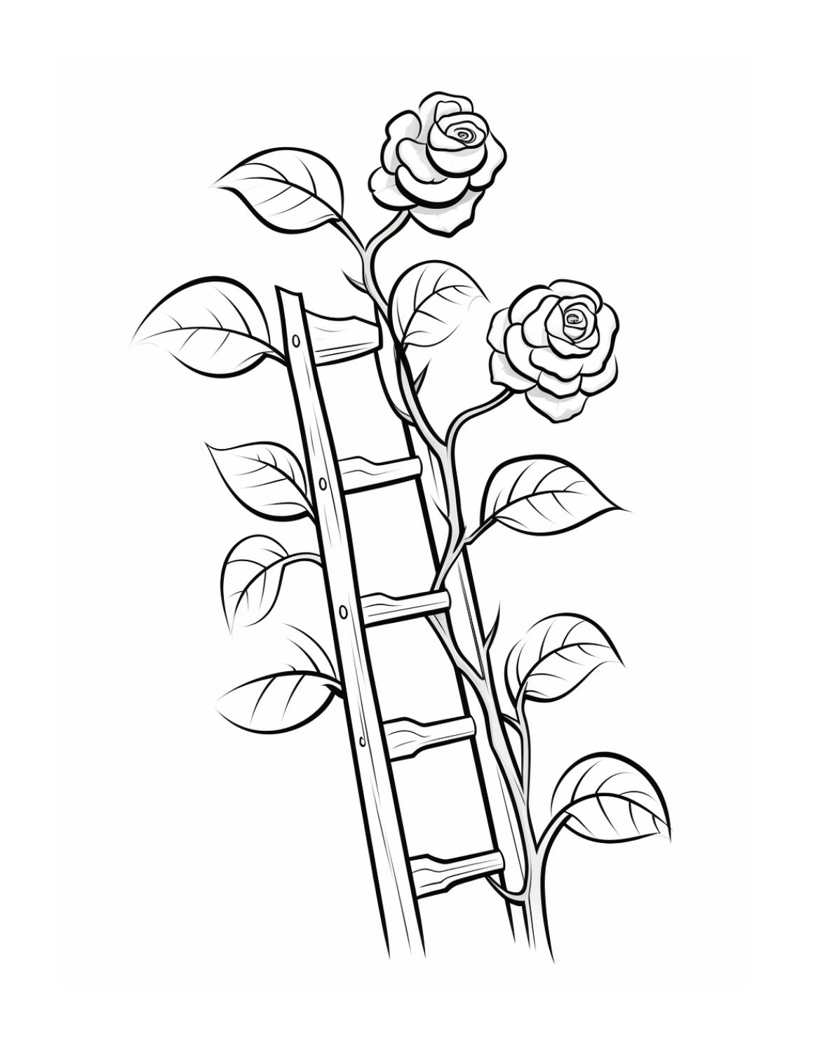 Rose Coloring Page 19 - Line drawing of a tall rose plant growing up a ladder