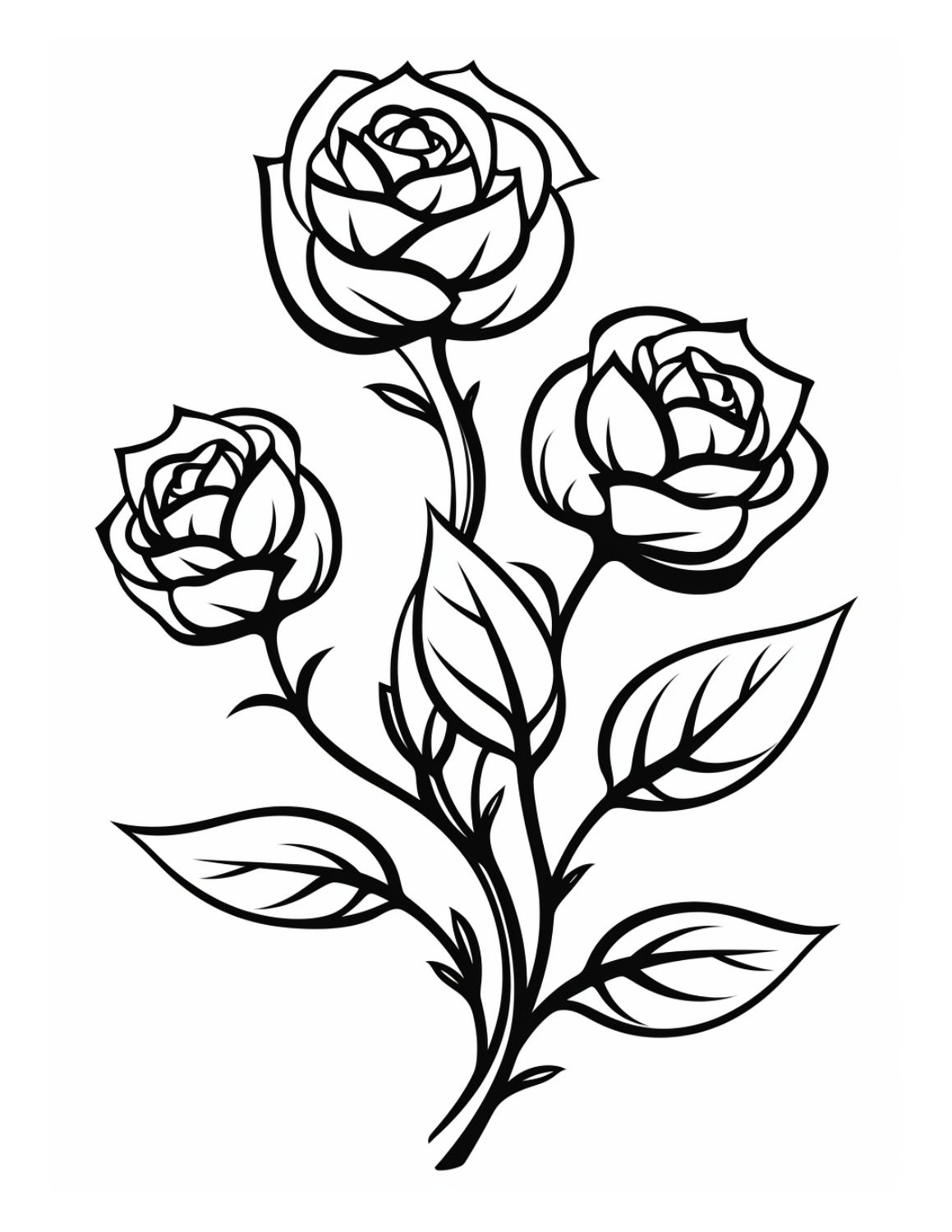 Rose Coloring Page 20 - Thick line drawing of a bouquet of roses with stalks, thorns, and leaves