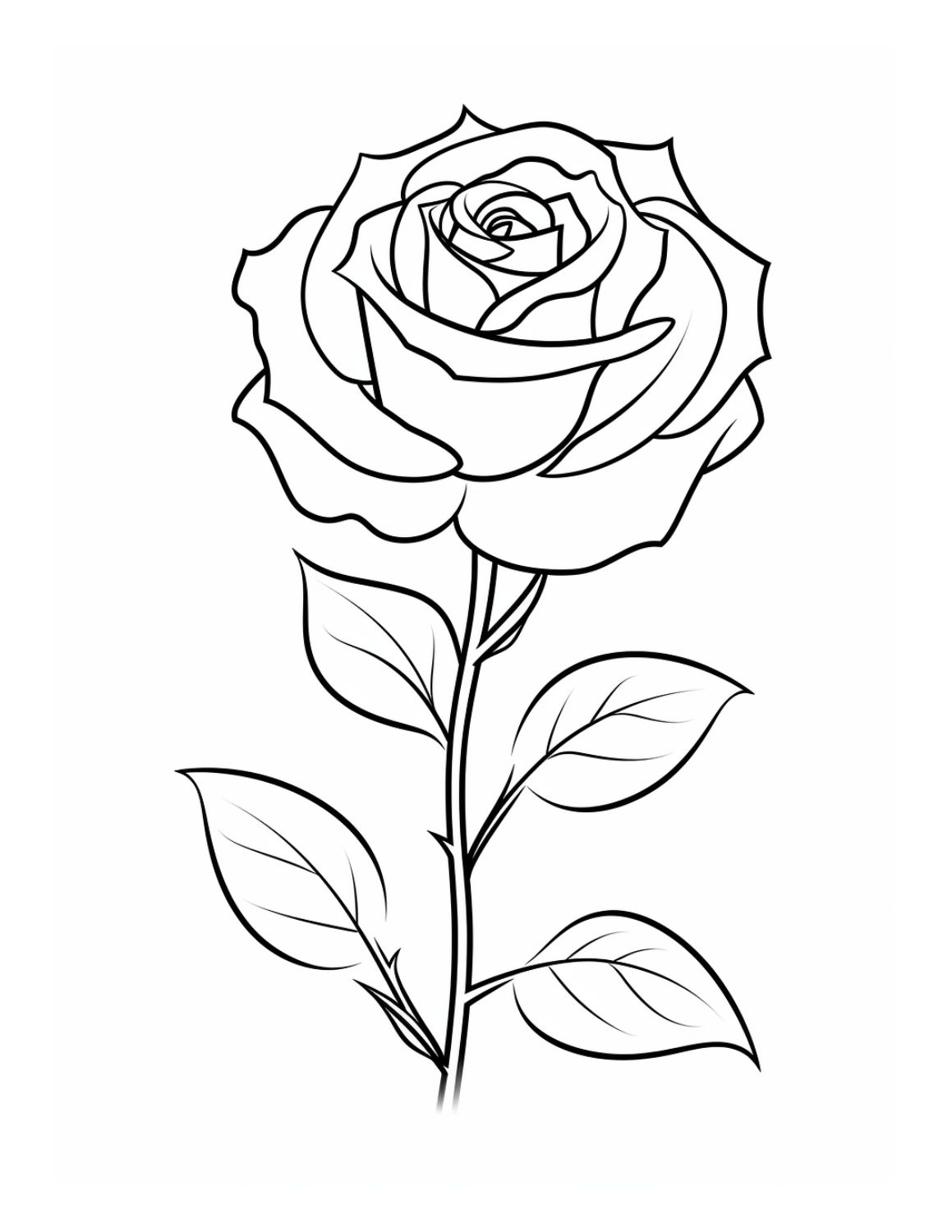 Rose Coloring Page 3 - Line drawing of a beautiful rose with stalk and leaves 
