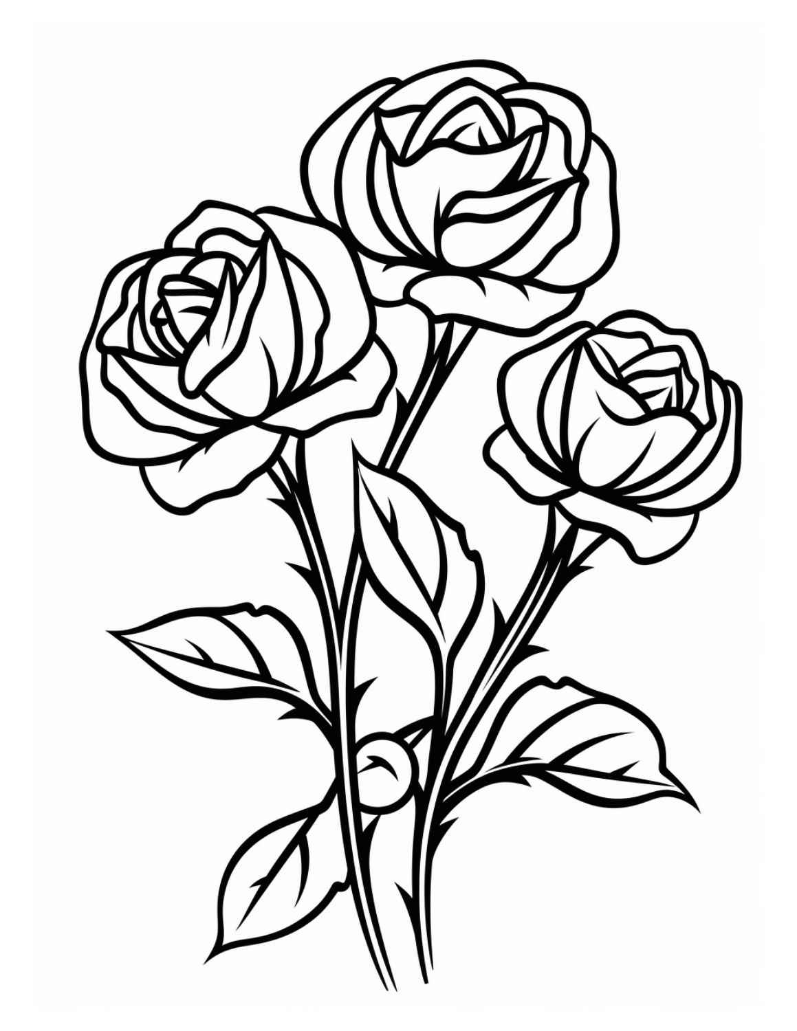 Rose Coloring Page 5 - Thick line drawing of three roses with stalks and leaves