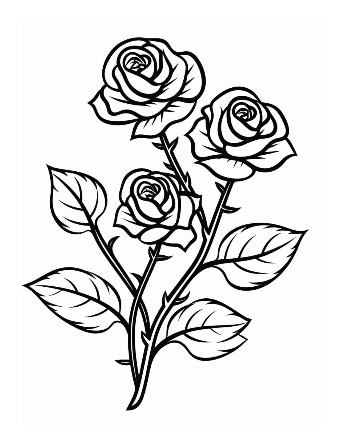 Rose Coloring Page 6 - Thick line drawing of three rose flowers with stalks and leaves