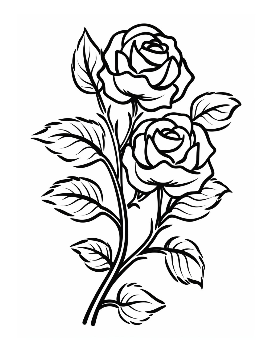 Rose Coloring Page 7 - Thick line drawing of two roses with stalks and leaves