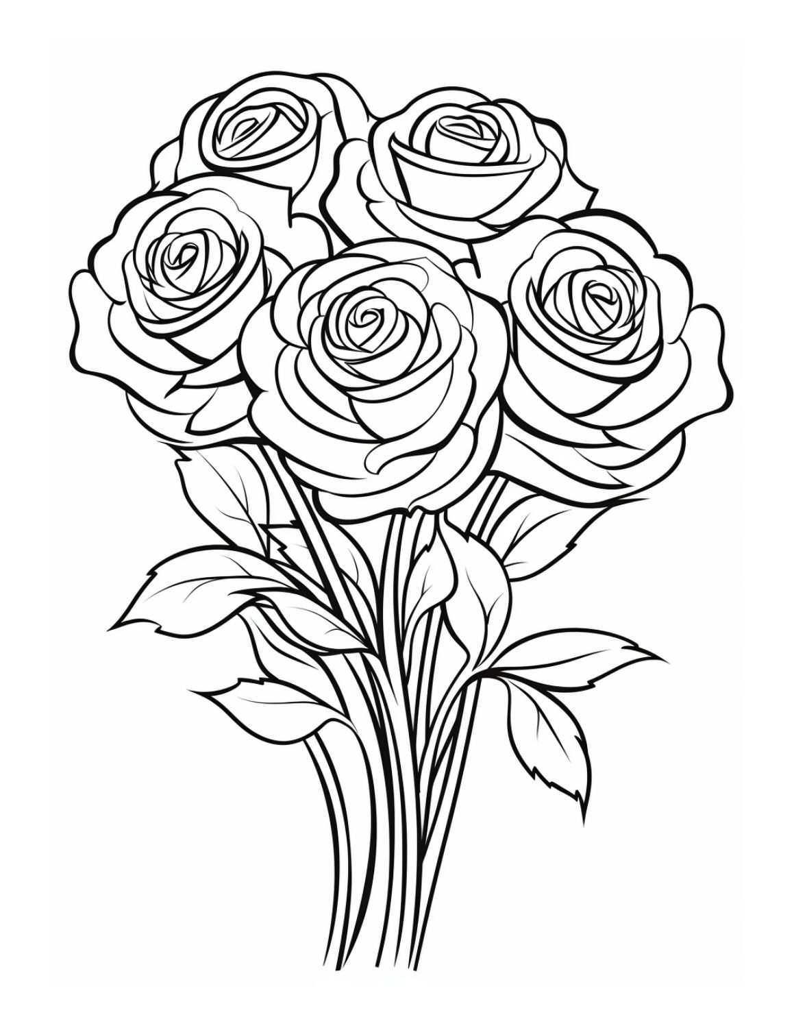 Rose Coloring Page 8 - Line drawing of a large bouquet of wild roses