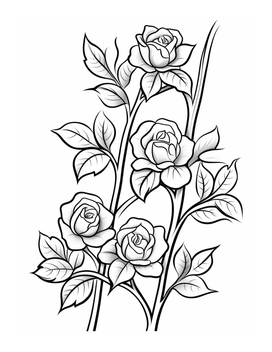 Rose Coloring Page 9 - Line drawing of a large rose plant with many flowers