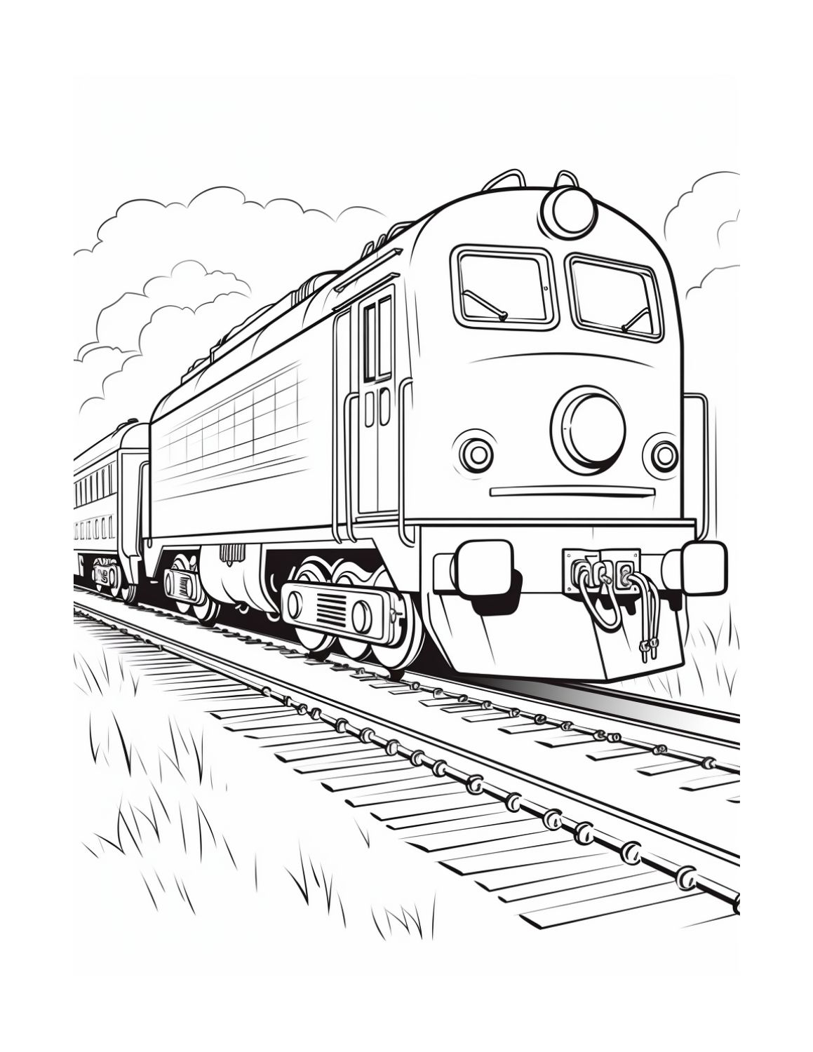 Train Coloring Page 11 - Diesal train on track in countryside with grass and clouds