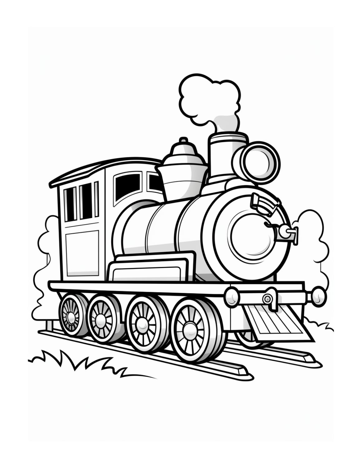 Train Coloring Page 16 - Simple style drawing of small steam train with smoke in background