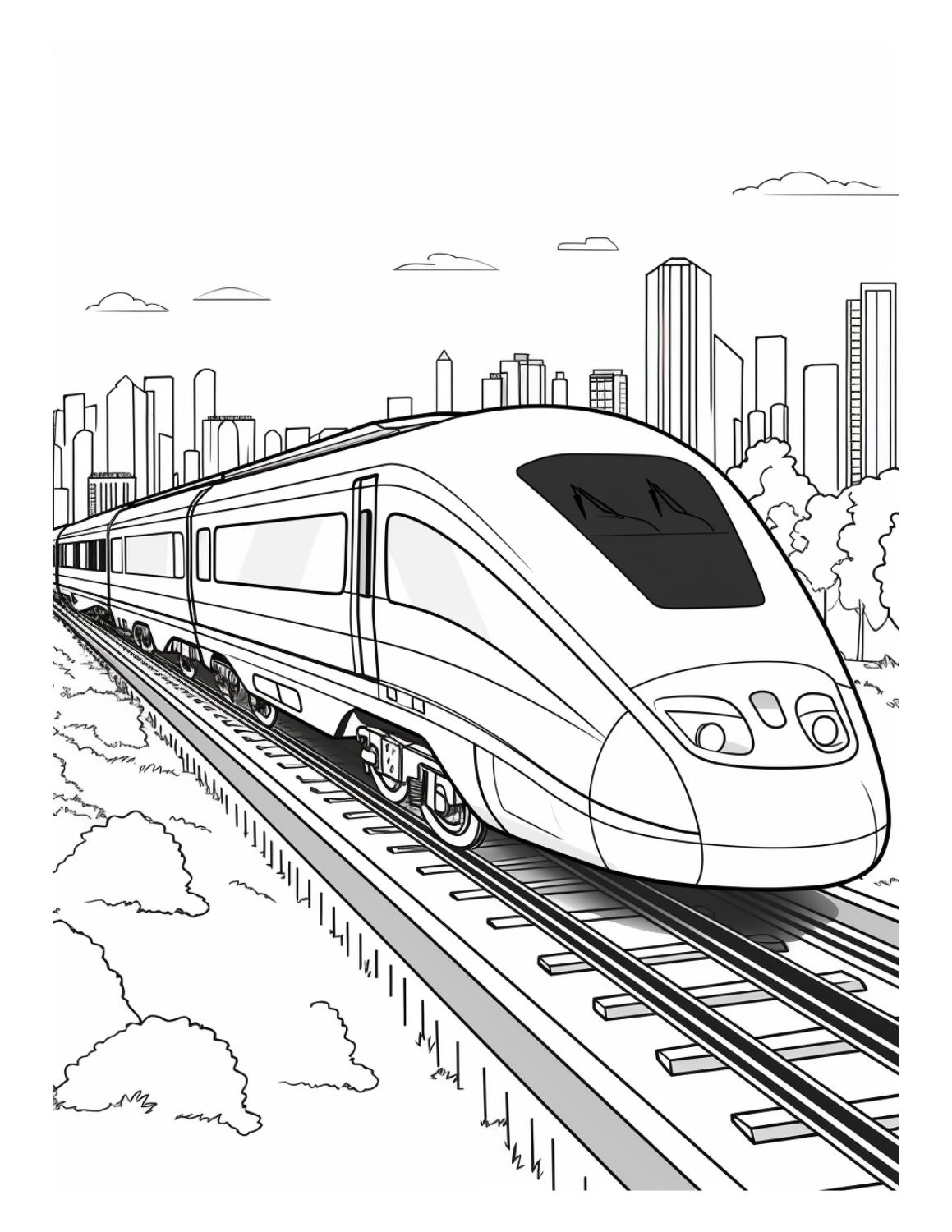 Train Coloring Page 19 - Electric bullet train on rail with city in background