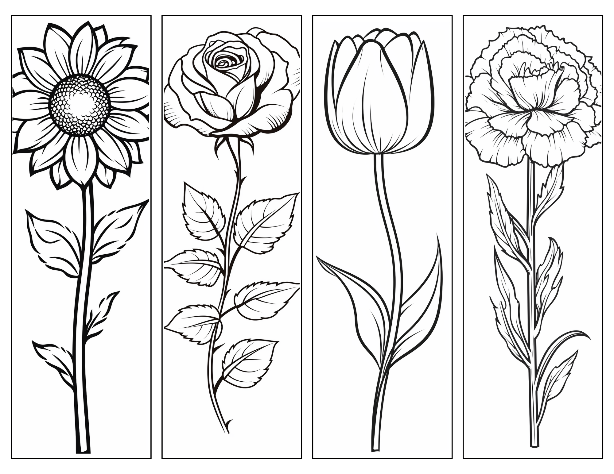 Flower Bookmark Coloring Page - A collection of four flower line drawings to be colored