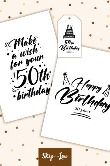 Printed 50th birthday party cards with text "make a wish for your 50th birthday" and "happy birthday - 50 years!" on top of a brown background with dots - Skip to my Lou.