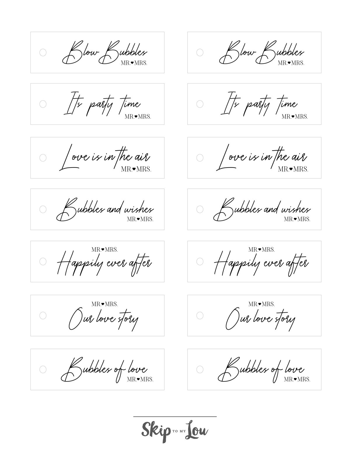Printable bubble party favor tags with text related to weddings.