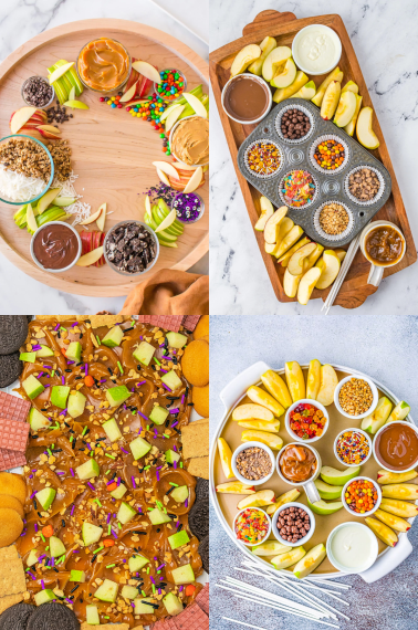 A compilation of 4 different caramel apple charcuterie boards - with different tips and, pretzels, etc.