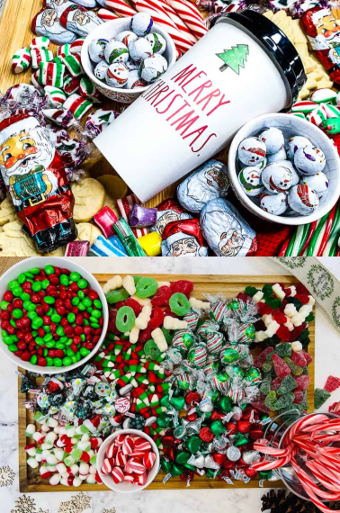 A compilation of Christmas candy charcuterie board that includes green and red candies like gummy candy, m&m's, candy cane, peppermint candies, on wooden boards