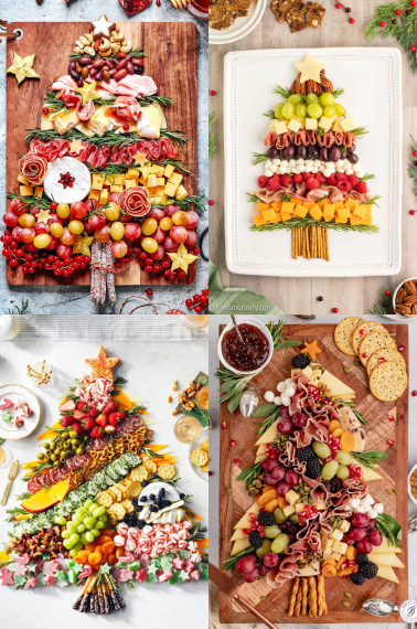 A compilation of Christmas tree-themed charcuterie boards with fruits, vegetables, cookies, bread, candy etc.