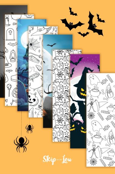 Printed set of 8 Halloween bookmarks with different Halloween designs, such as pumpkins, bats, jack'o-lanterns, etc. 4 are black and white and 4 are in full color. From skip to my Lou
