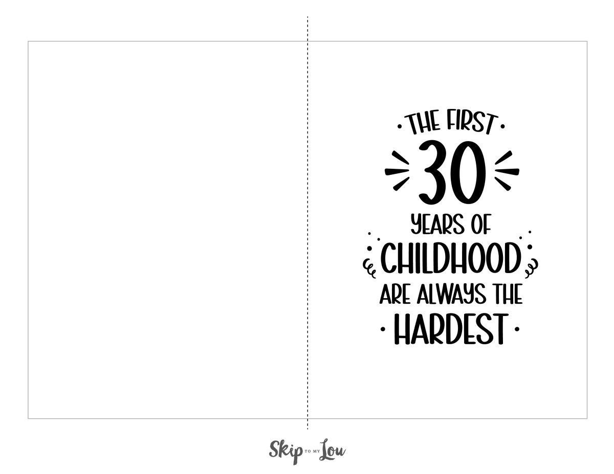 Printable 30th birthday card that says "The first 30 years of childhood are always the hardest"