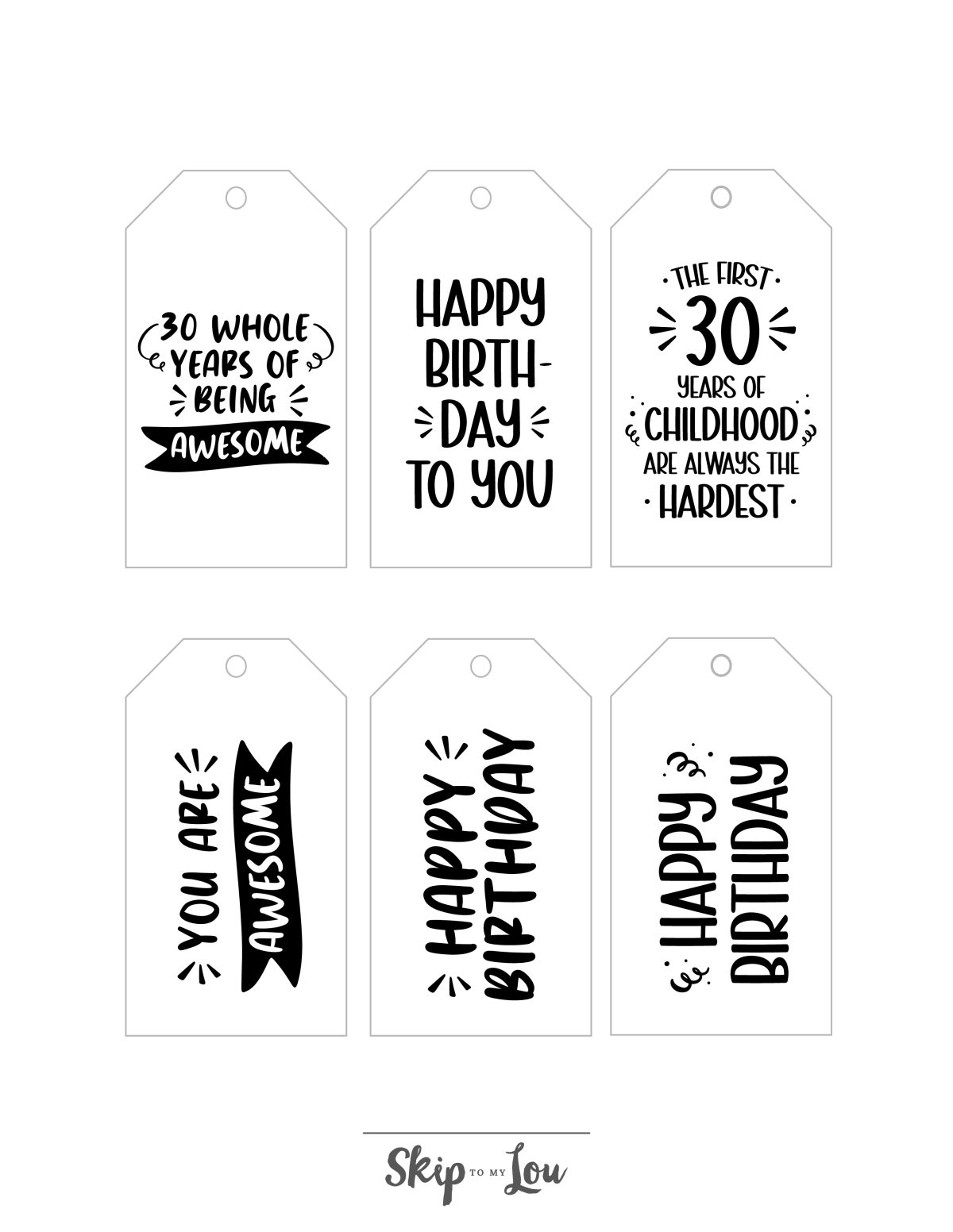 Printable 30th birthday tags with different quotes