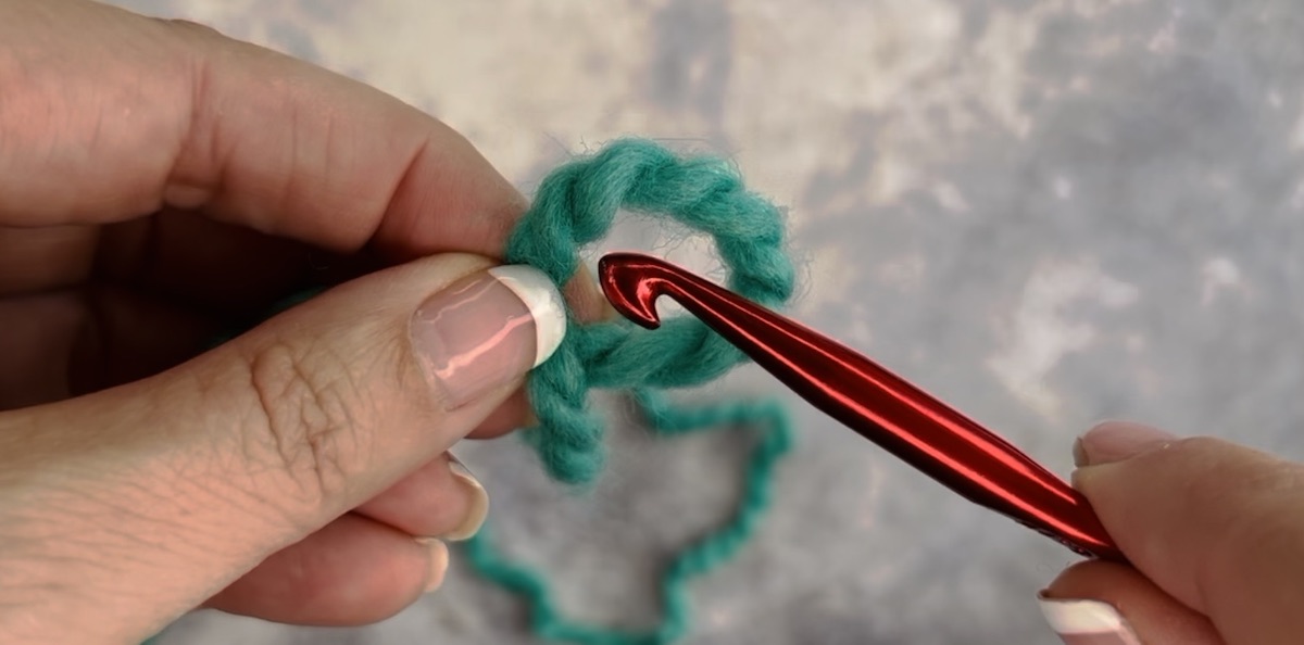 How to make a slip knot using a crochet hook, step 1, create a loop and put the hook inside