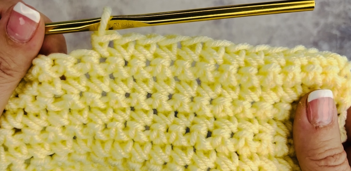 Final result of a single crochet done with yellow yarn. - Skip to my Lou