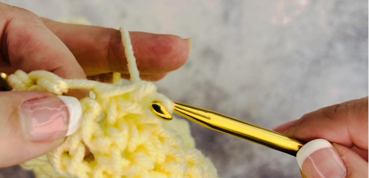 Step 5 to make a stitch crochet. For the last stitch, wrap the yarn over your hook once more, and pull it through both loops on the hook. 