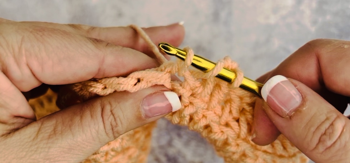 Second step to do a double crochet with salmon-colored yarn.